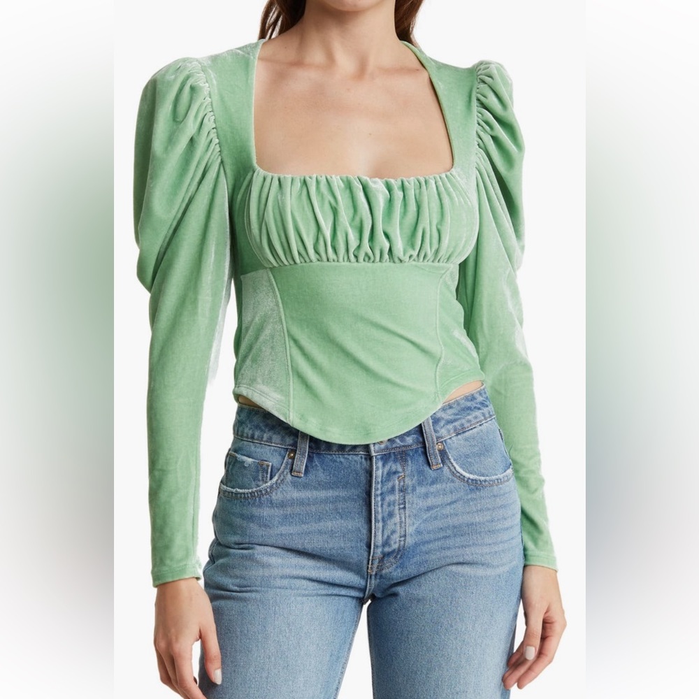 NWT Free People Hold Me Puff Sleeve Velvet Top - Size XS - Sage Brush / Green